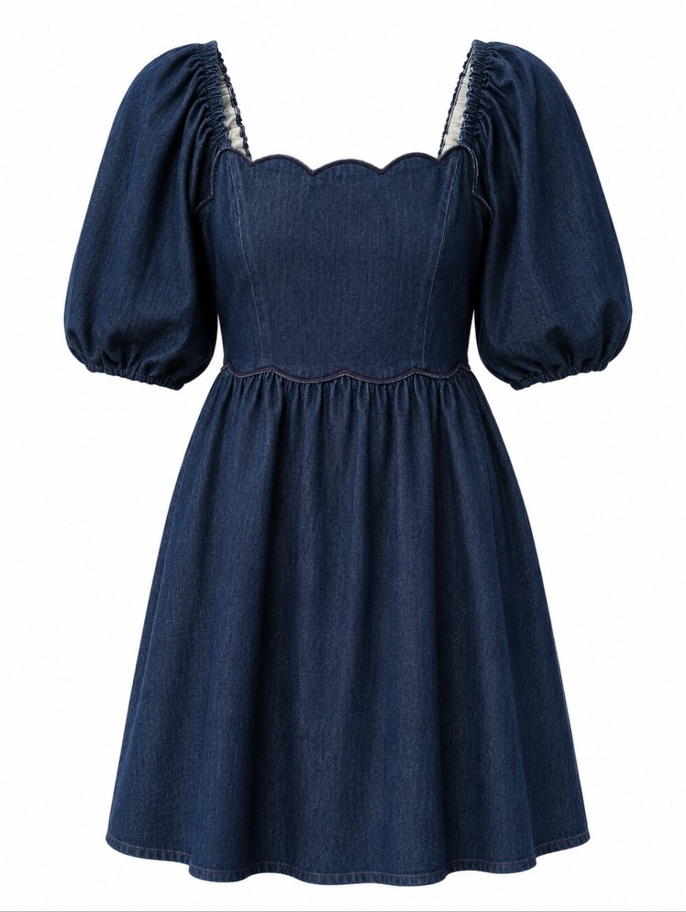 Entro Denim Babydoll Mini Dress M Blue Scalloped Neck Puff Bubble Sleeve Pockets